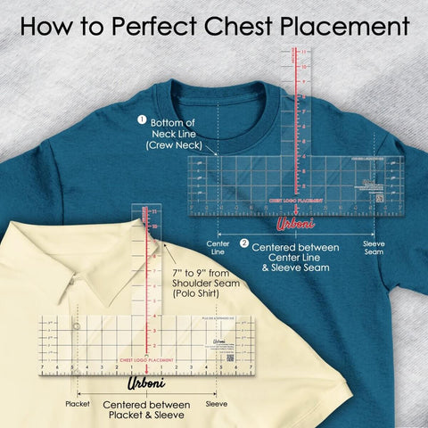 Left Chest Logo Placement Tool For T Shirts, Vinyl Alignment Ruler For HTV And Embroidery shown on t-shirts