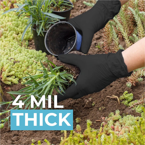 Hands wearing Black Nitrile Gloves Powder Free 4 Mil Medium planting in garden, emphasizing durability and sensitivity.