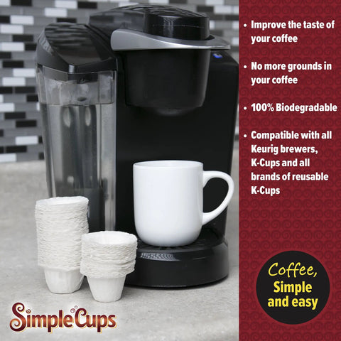 Disposable Paper Coffee Filters 300 Count Compatible With Keurig And K Cup Machines next to coffee maker and mug