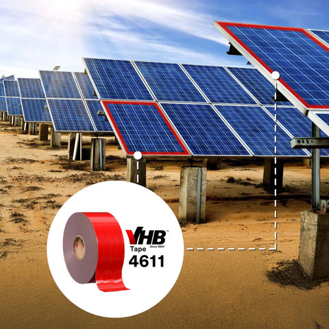 VHB double-sided acrylic foam tape 4611 dark gray used in solar panel mounting, showcasing red tape application on panels.