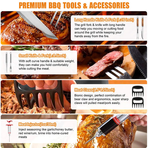 38 Piece Stainless Steel BBQ Grill Tools Set With Aluminum Case Includes Tongs Spatula Fork Meat Knife Basting Brush Cleaning Brush 2 Grill Mats Thermometer Meat Injector For Camping Backyard Barbecue shown with various tools including knife, fork, meat claws, and injector in close-up view with meat.