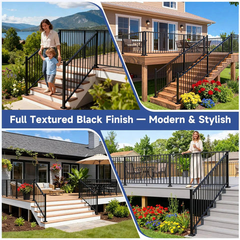 Modular Adjustable Aluminum Stair Railing Kit For Outdoor Deck Or Porch, Cuttable Length, Easy DIY Install, Fits 28 To 45 Degree Stairs, Full Textured Matte Black Finish, Includes 1 Post And 1 Panel