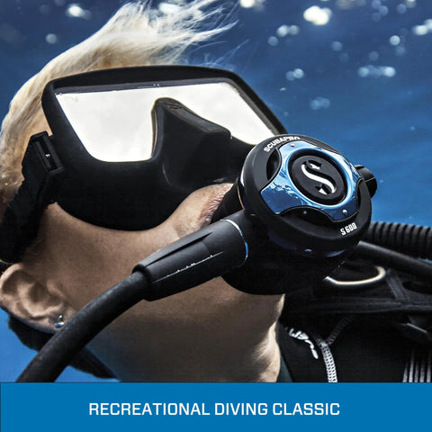Diver using Air Balanced Flow-Through Piston Regulator With Chrome Brass Body DIN Connection, easy breathing, depth-independent airflow.
