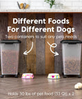 Two Pack Dog Food Storage Containers With Airtight Seal And Rolling Wheels Holds Up To 30 Lbs Each One Hand Open BPA Free Made In USA Clear And Black in kitchen setting.