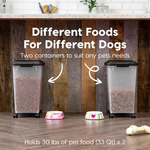 Two Pack Dog Food Storage Containers With Airtight Seal And Rolling Wheels Holds Up To 30 Lbs Each One Hand Open BPA Free Made In USA Clear And Black in kitchen setting.