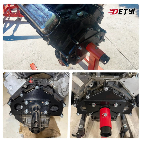 Beefy Heavy Duty Billet Aluminum Engine Stand Adapter Plate Mount Bracket For V8 And V6 Engines Built Tough For Rebuilds And Maintenance Fits Duramax Five Point Three Liter Six Point Zero Liter And Four Point Eight Liter Blocks mounted on engine stand