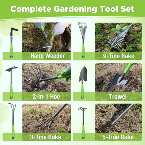 Six Piece Garden Tool Set With Heavy Duty Hand Tools And Soft Rubber Handles Including Trowel Rake Cultivator Hoe Crack Weeder And Weeding Tool displayed on grass.