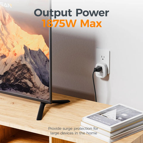 TV connected to Go To 1050J Surge Protector With Protected Light Indicator, 1875W Max Single Outlet Wall Plug, installed on wall.