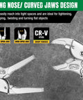 Illustration of long nose and curved jaw design in 5-Piece Locking Pliers Set With Long Nose And Curved Jaw For Gearhead Projects Premium CR-V Steel Nickel Plated Anti Rust Finish Heat Treated For Strength Ergonomic Anti Slip Handles DIYer Friendly For Welding Or Assembly Rolling Pouch