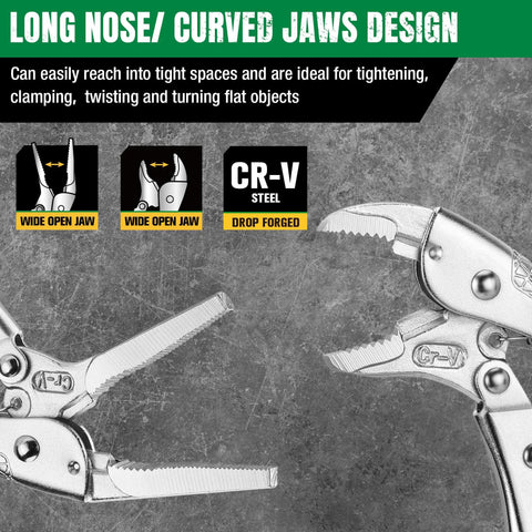 Illustration of long nose and curved jaw design in 5-Piece Locking Pliers Set With Long Nose And Curved Jaw For Gearhead Projects Premium CR-V Steel Nickel Plated Anti Rust Finish Heat Treated For Strength Ergonomic Anti Slip Handles DIYer Friendly For Welding Or Assembly Rolling Pouch