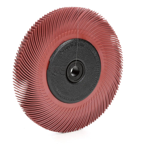 Radial Bristle Brush With Aluminum Oxide For A Clean Finish Deburring And Polishing At Six Thousand RPM, six inch diameter