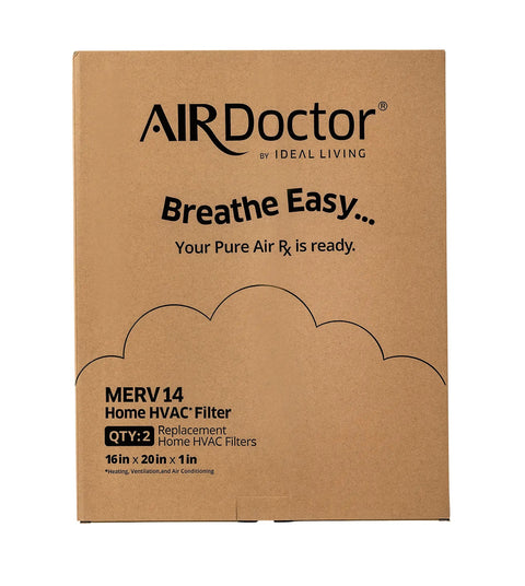 Box of Premium MERV 14 HVAC Pleated Filter 2 Pack For Home Air Purification with text highlighting air quality benefits.