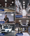 Ultra Bright 160W UFO LED High Bay Light illuminating barn, warehouse, workshop, garage, and supermarket settings.
