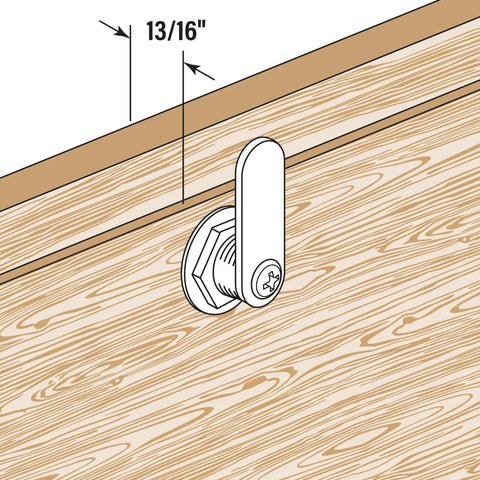 Premium Drawer And Cabinet Lock Featuring Solid Diecast Housing With Sleek Brass Finish Keeps Your Stuff Locked Down Tight Perfect For Thin Panels And Quick No Hassle Setup with measurements showing 13/16 inch