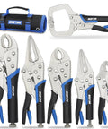 Six Piece Locking Pliers Set With Curved Jaw Needle Nose And C Clamp Vise Grips Dope Fast Release Rolling Pouch shown