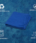 Ultra Absorbent Cotton Shop Towels Pack Of 50 12 By 14 Inches blue cotton towels with informational icons on durability and reusability.