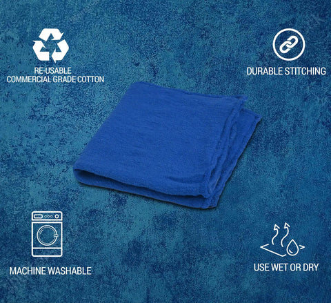 Ultra Absorbent Cotton Shop Towels Pack Of 50 12 By 14 Inches blue cotton towels with informational icons on durability and reusability.