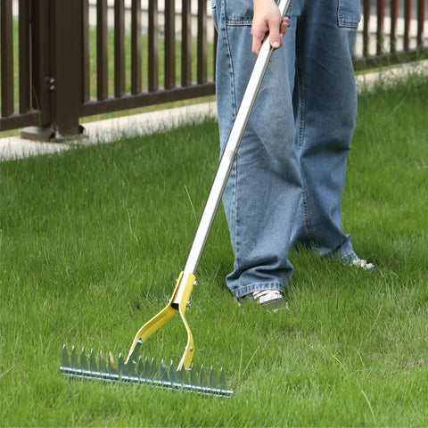 Person using 15 Inch Dethatching Rake For Lawn With Dual Edge Steel Head, Yard Workhorse Adjustable Metal Handle on grass.