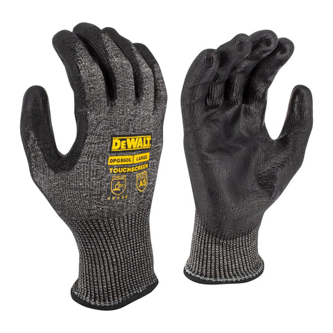 Cut Level A5 Touchscreen Glove With PU Palm, 13 Gauge Nylon HPPE Fiberglass Shell, oil and water resistant, seamless knit cuff, size XS