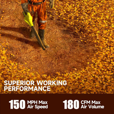 Person using Cordless Leaf Blower With Dual 4.0Ah Batteries And Charger, 150 MPH Turbo Air on autumn leaves.