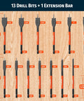 Shop Boss Spade Drill Bit Set And Paddle Flat Bits For Woodworking Quick Change Hex Shank Wood Drill Bits 14 Piece Kit shows drill bits and extension bar on wood.