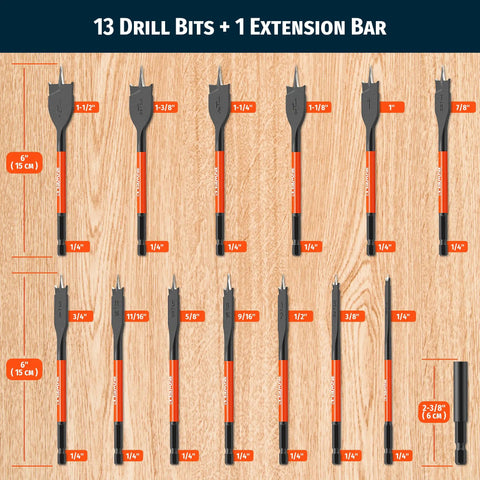 Shop Boss Spade Drill Bit Set And Paddle Flat Bits For Woodworking Quick Change Hex Shank Wood Drill Bits 14 Piece Kit shows drill bits and extension bar on wood.