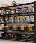 5 Tier Heavy Duty Garage Shelving Unit With 5 Thousand Lbs Capacity Adjustable Steel Shelves For Garage Basement Workshop 62 Inch Wide By 24 Inch Deep By 72 Inch High Rugged Industrial Metal Storage System For Bulky Gear, black steel with tools and generators