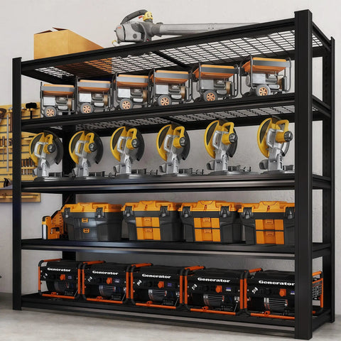 5 Tier Heavy Duty Garage Shelving Unit With 5 Thousand Lbs Capacity Adjustable Steel Shelves For Garage Basement Workshop 62 Inch Wide By 24 Inch Deep By 72 Inch High Rugged Industrial Metal Storage System For Bulky Gear, black steel with tools and generators