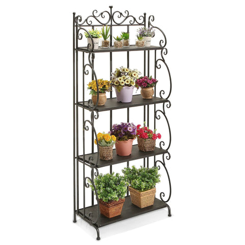 Black Metal Freestanding Storage Rack With Four Wood Shelves And Decorative Scrollwork Displays Plants Photos Or Pantry Items Looks Fresh Builds Tough Hassle Free Assembly Great For Kicking Up Any Apartment Or Home Office