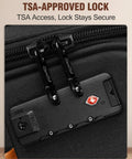 Close-up of TSA lock on Lightweight 20 Inch Softside Carry On Luggage With Four Spinner Wheels Airline Approved 22 By 14 By 9 TSA Lock Telescoping Handle Airport Friendly Workhorse Travel Bag For Women And Men