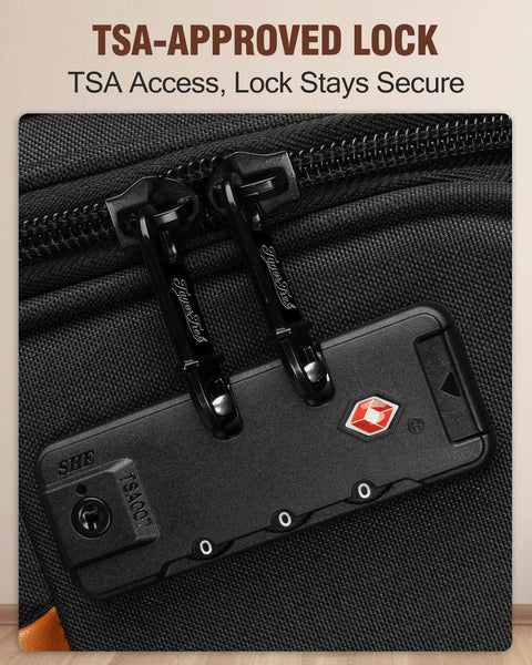 Close-up of TSA lock on Lightweight 20 Inch Softside Carry On Luggage With Four Spinner Wheels Airline Approved 22 By 14 By 9 TSA Lock Telescoping Handle Airport Friendly Workhorse Travel Bag For Women And Men