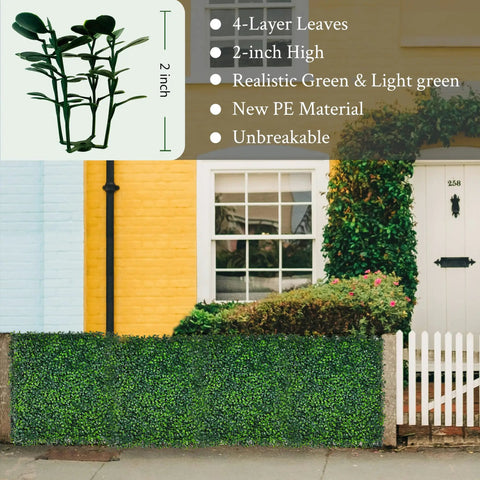 12 Pack 10x10 Inch Faux Boxwood Wall Panels For Indoor Outdoor Privacy Fencing Ivy Backdrop Garden Decor UV Resistant Four Layer Leaves Two Inch Height Covers About Eight Point Four Sq Ft shown on a residential fence
