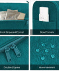 Close-up of Large Hanging Toiletry Bag For Women And Men, Grab And Go Travel Makeup Organizer With Dry Wet Separation in teal, showing zippered and side pockets.