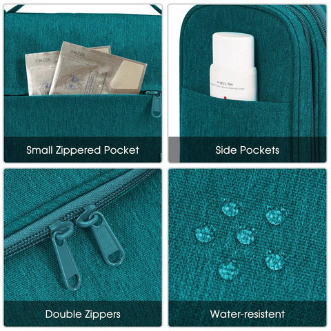 Close-up of Large Hanging Toiletry Bag For Women And Men, Grab And Go Travel Makeup Organizer With Dry Wet Separation in teal, showing zippered and side pockets.