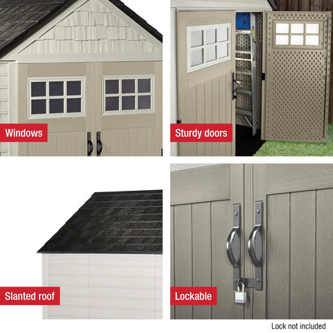 Collage of 7x7 Weatherproof Outdoor Storage Shed features: windows, sturdy doors, slanted roof, and lockable double doors.