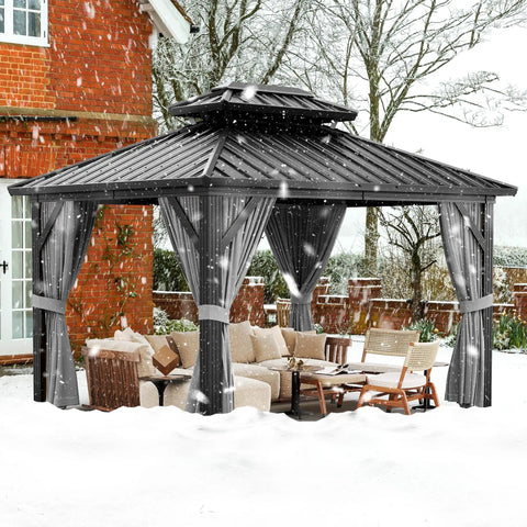 Built Tough 10 Foot By 12 Foot Aluminum Hardtop Gazebo With Double Metal Roof And All Weather Permanent Outdoor Canopy With Netting And Curtains For Patio, Backyard, Deck Or Lawn, installed in snowy backyard with furniture visible.