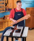 Heavy Duty Solid Phenolic Router Table Top With A Slick Ultra Flat Surface and Tight Ten Point Plate Leveling Rig in use with wood.