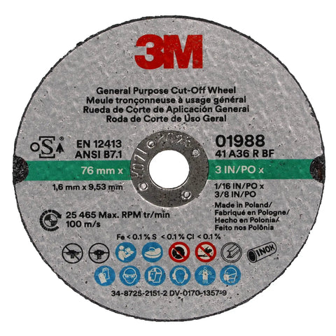Front view of General Purpose Cut Off Wheel 3 In 1/16 In By 3/8 In resin bonded for fast cut on auto body sheet metal
