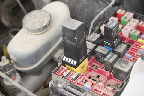 Close-up of a Four Piece Relay Test Jumper Kit for Cars and Trucks in use within a vehicle's relay panel.
