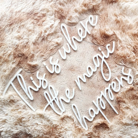 Lit This Is Where The Magic Happens Neon Sign Wall Decor LED 24x20 Inch Warm White Light arranged on a fuzzy surface