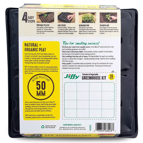 Back of Seed Starting Greenhouse Kit For Tomatoes And Vegetables, 16 Biodegradable Expanding Peat Pellets, instructions visible