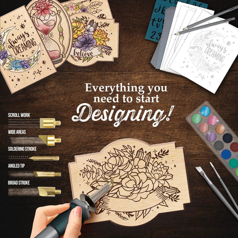 Starter Wood Burning Kit With Burner Pen, 5 Interchangeable Tips, 48-Piece Deluxe Pyrography Set on wooden table.