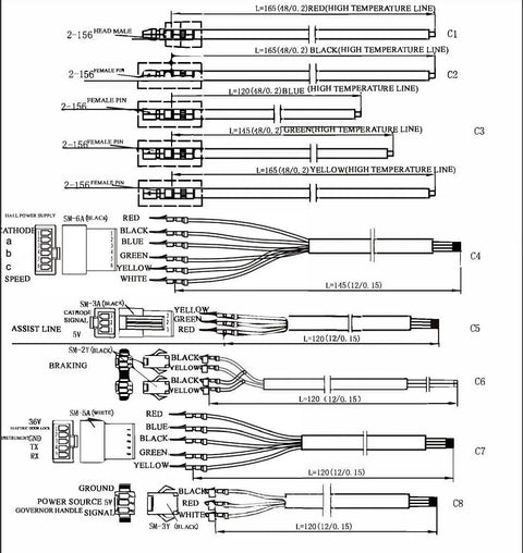 Wiring diagram for Universal 36V And 48V Brushless Dc Motor Controller For Ebikes showing connections and color codes.