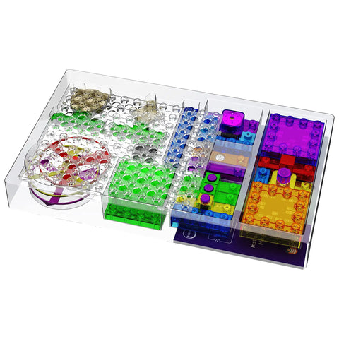 Building Blocks Circuit Kit For Kids, 120 Hands On Projects. Tray with colorful electronic components for FM radio, sound machine.