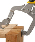 13 Inch Right Angle Corner Clamp With Dual Pins For Thin And Thick Wood attached to a wooden corner, showcasing adjustable turn knob.