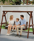 Three Seat Porch Swing With Stand Outdoor Patio Bench For Garden And Poolside Use With Comfy Cushioned Seat Side Trays And Durable Metal Chains Carbonized Brown with family seated.