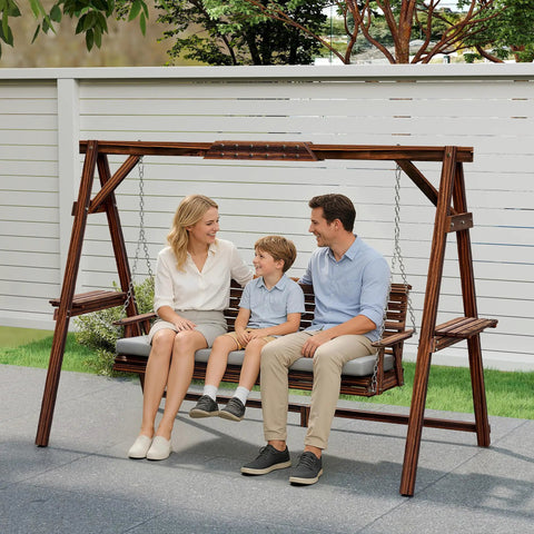 Three Seat Porch Swing With Stand Outdoor Patio Bench For Garden And Poolside Use With Comfy Cushioned Seat Side Trays And Durable Metal Chains Carbonized Brown with family seated.