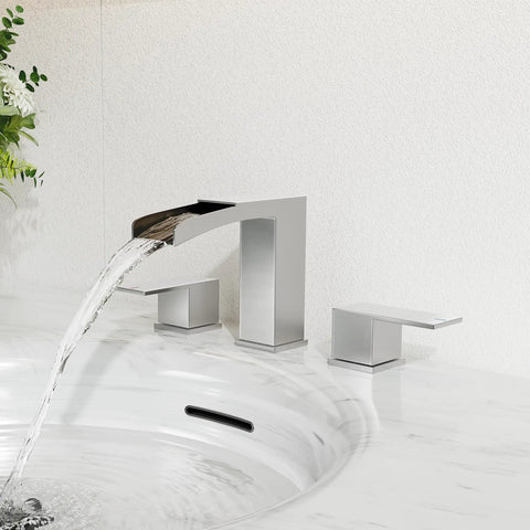 8 Inch Widespread Brushed Nickel Bathroom Faucet With Three Holes And Two Handles Waterfall Style Includes Pop Up Drain Assembly