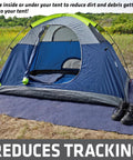 Blue tent on soft plush tent carpet mat with waterproof backing keeps you warm and dry inside the tent, 60x74 inches, charcoal USA made.
