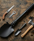 16 Inch Heavy Duty Mini Shovel With Curved D Handle and tools on wooden surface, suitable for gardening and camping use.